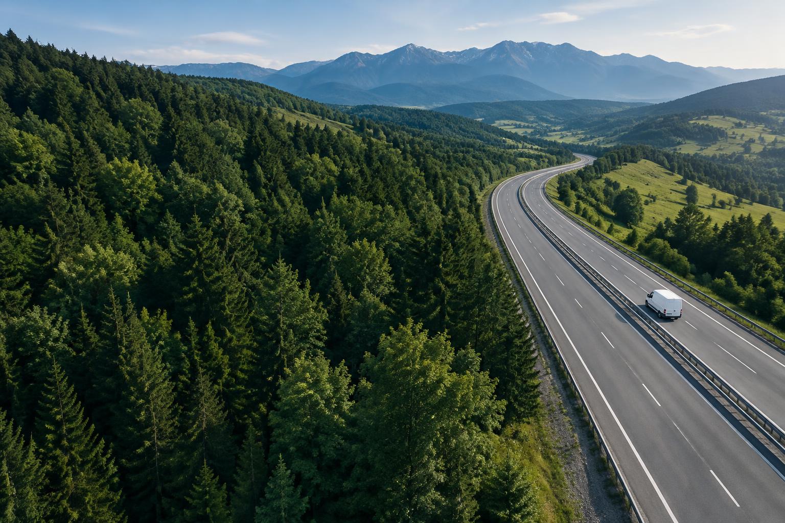 Dubă de transport pe un drum prin munții României